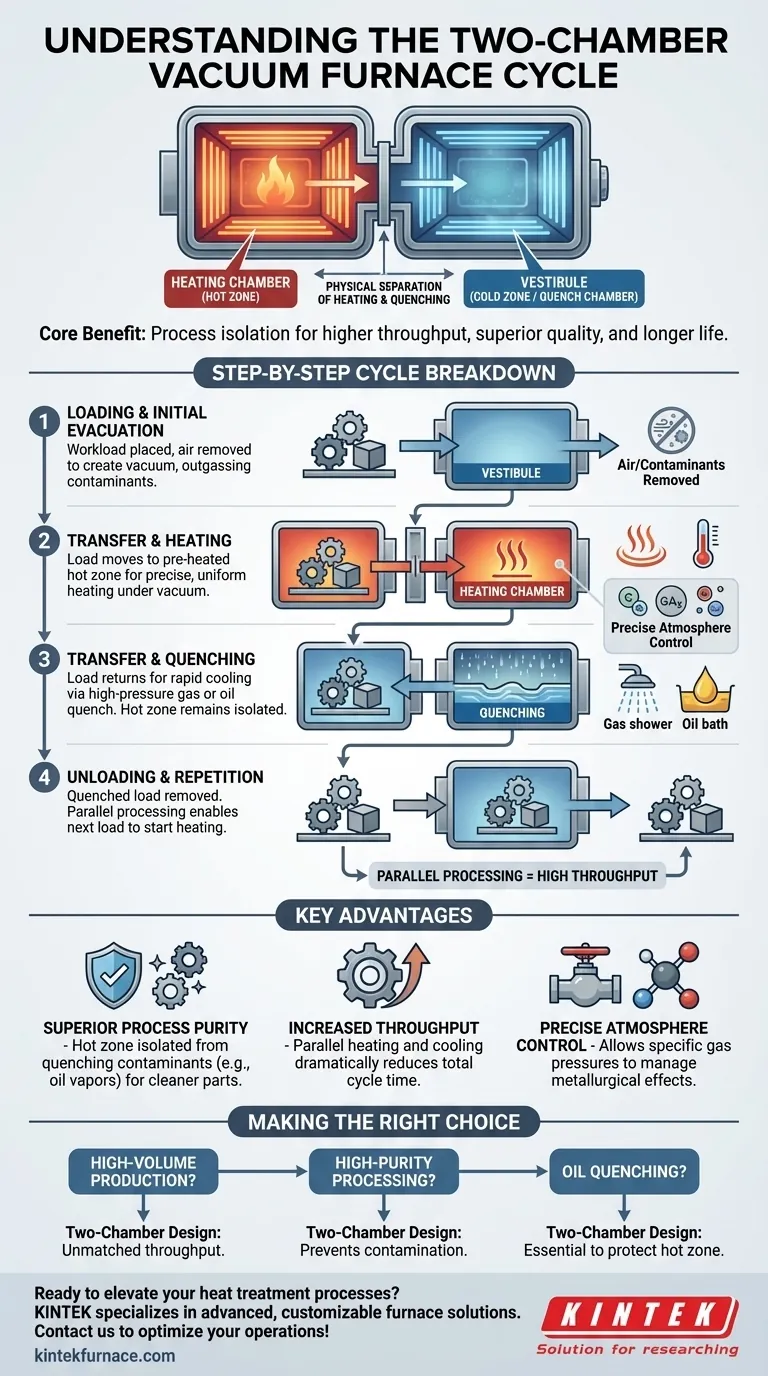 How does a two-chamber vacuum furnace operate during a typical cycle? Boost Efficiency and Purity in Heat Treatment Visual Guide