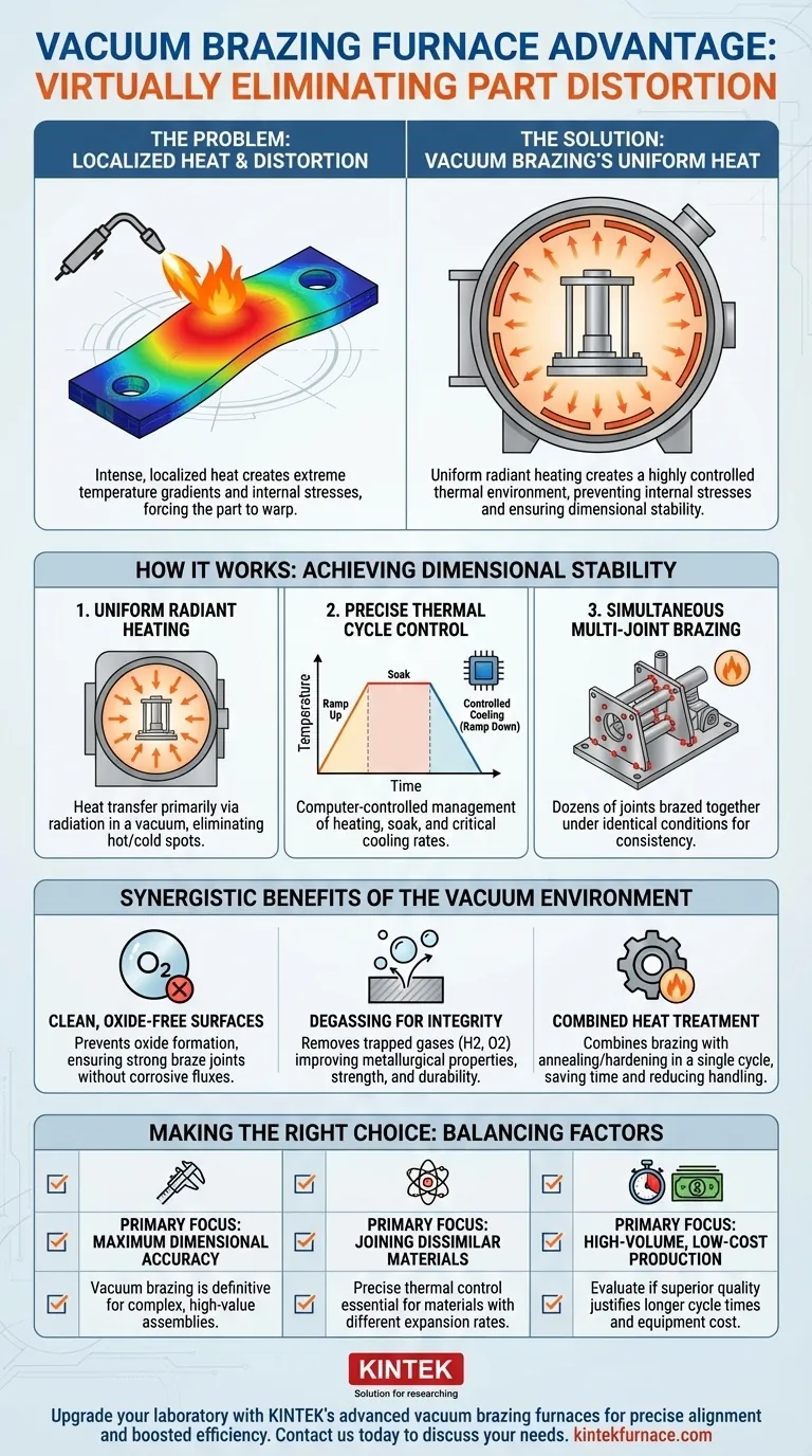 Que vantagem um forno de brasagem a vácuo oferece em termos de distorção da peça? Guia Visual