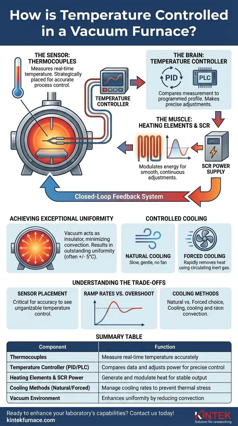 How is temperature controlled in a vacuum furnace? Achieve Precise Heat Treatment for Your Materials Visual Guide