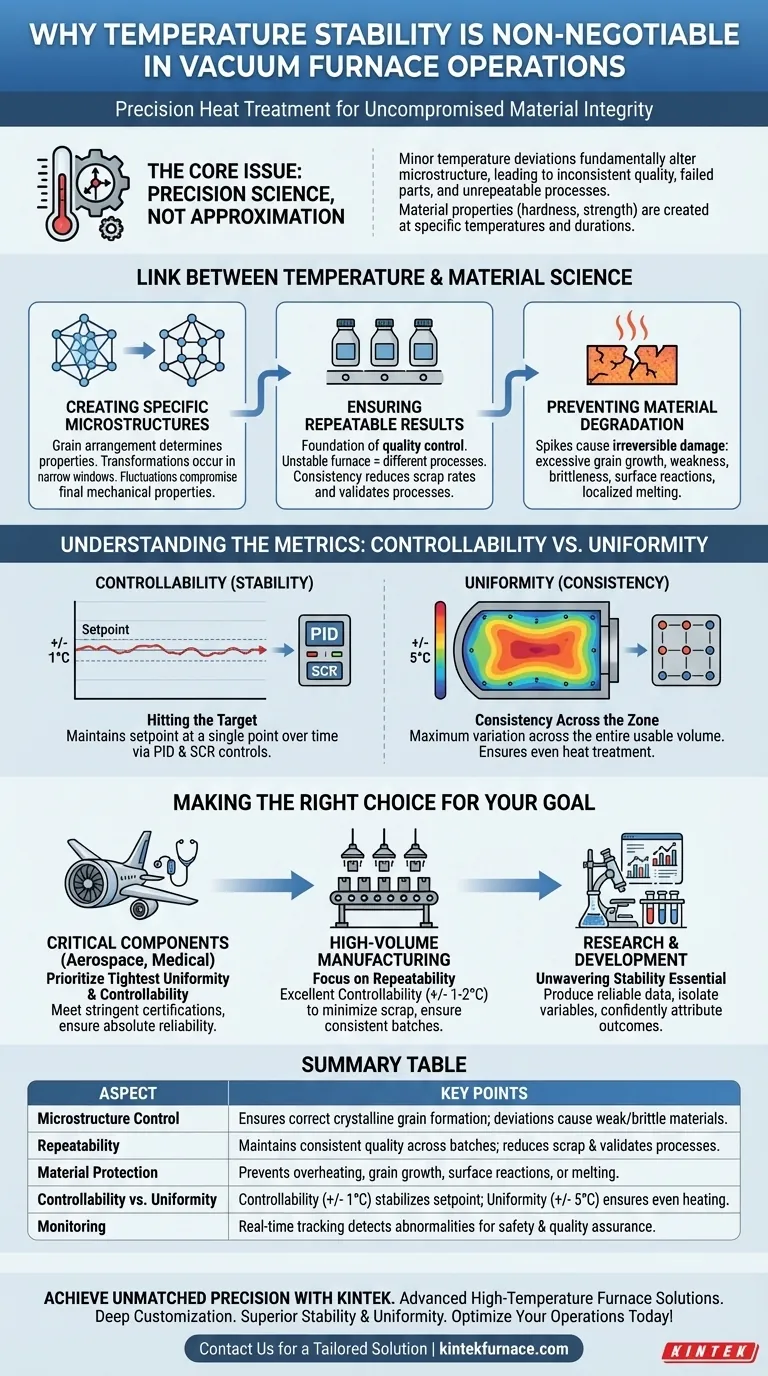 真空炉の操作において温度安定性が重要なのはなぜですか？優れた材料のための精密な熱処理を保証します ビジュアルガイド