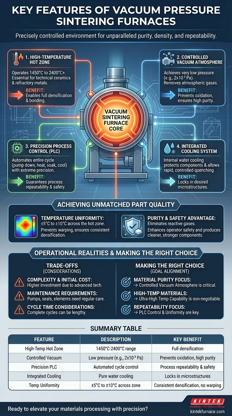 Quais são as principais características dos fornos de sinterização por pressão a vácuo? Desvende Materiais Densos e de Alta Pureza Guia Visual