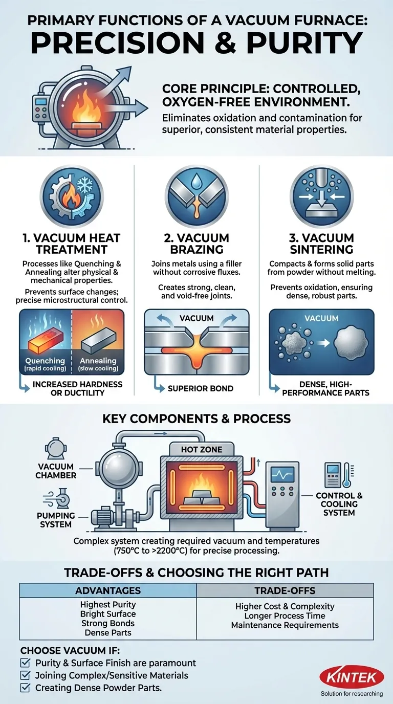 What are the primary functions of a vacuum furnace? Achieve Superior Material Processing in a Controlled Environment Visual Guide
