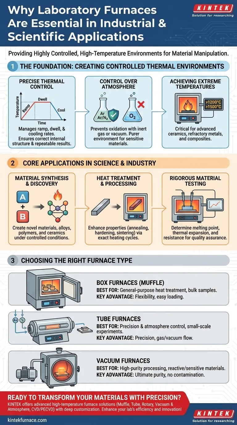 Perché i forni da laboratorio sono considerati essenziali nelle applicazioni industriali e scientifiche? Sblocca precisione e controllo per i tuoi materiali Guida Visiva