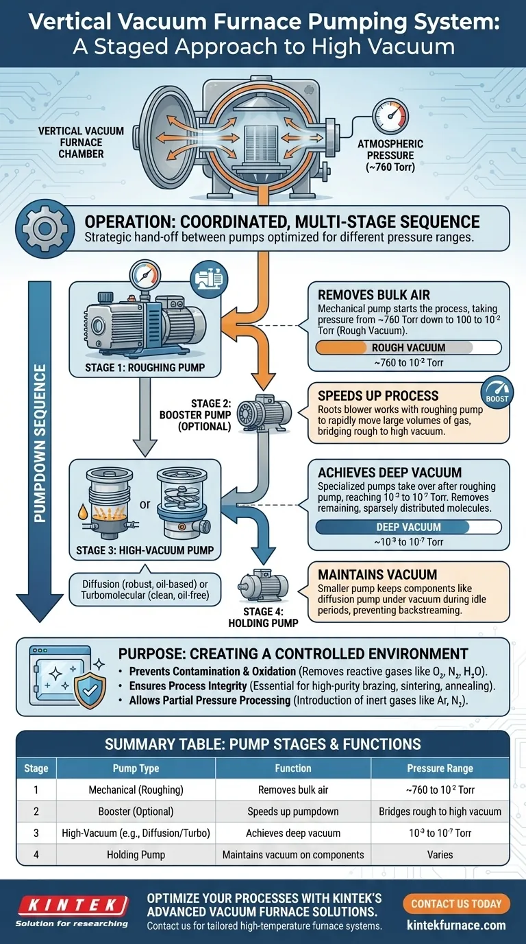 How does the vacuum pumping system in a vertical vacuum furnace operate? Learn the Multi-Stage Process for Precision Visual Guide
