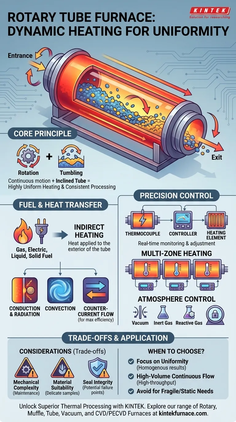 How does a rotary tube furnace operate in terms of fuel and heating? Discover Dynamic Heating for Uniform Results Visual Guide