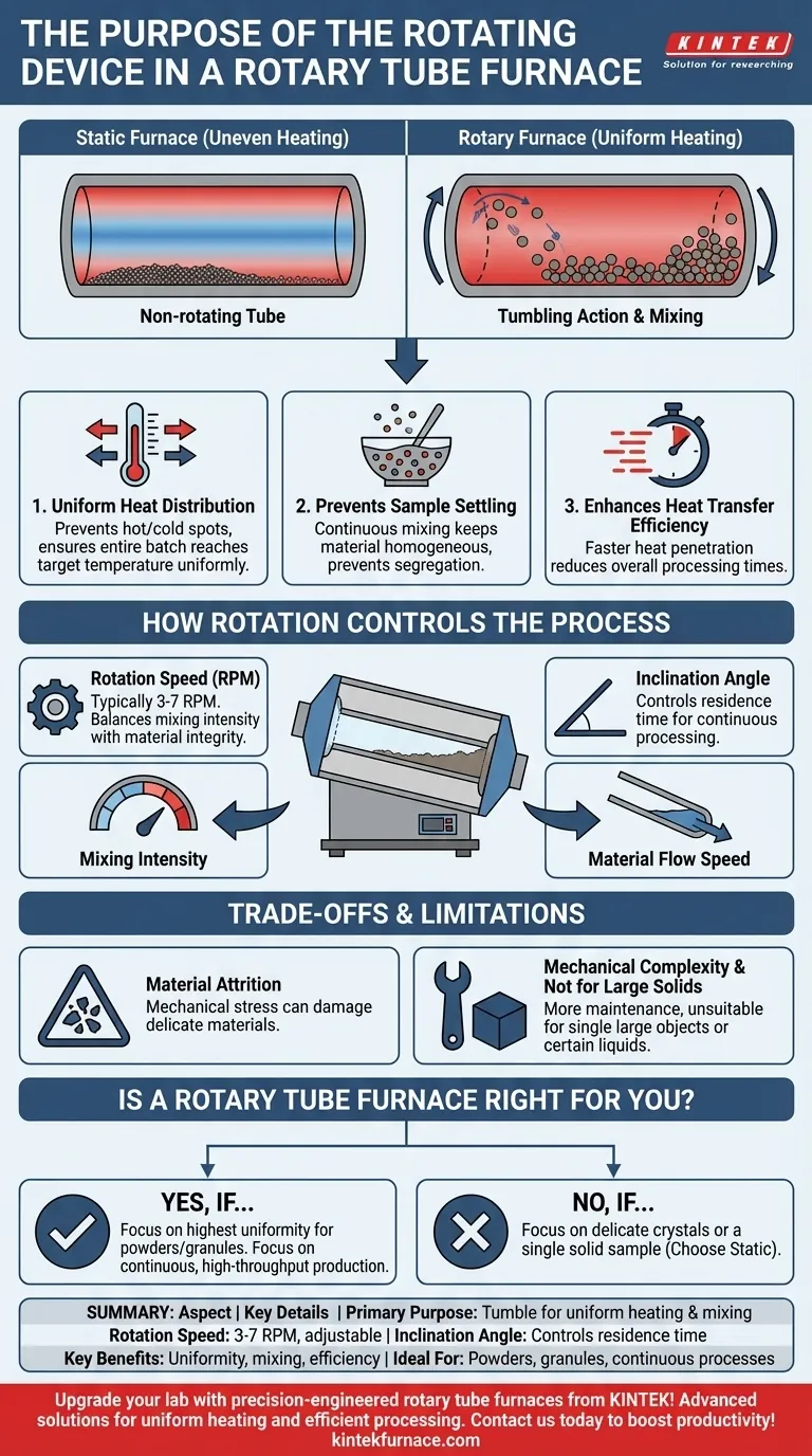 Quel est l'objectif du dispositif rotatif dans un four tubulaire rotatif ? Atteindre un chauffage uniforme et un mélange efficace Guide Visuel