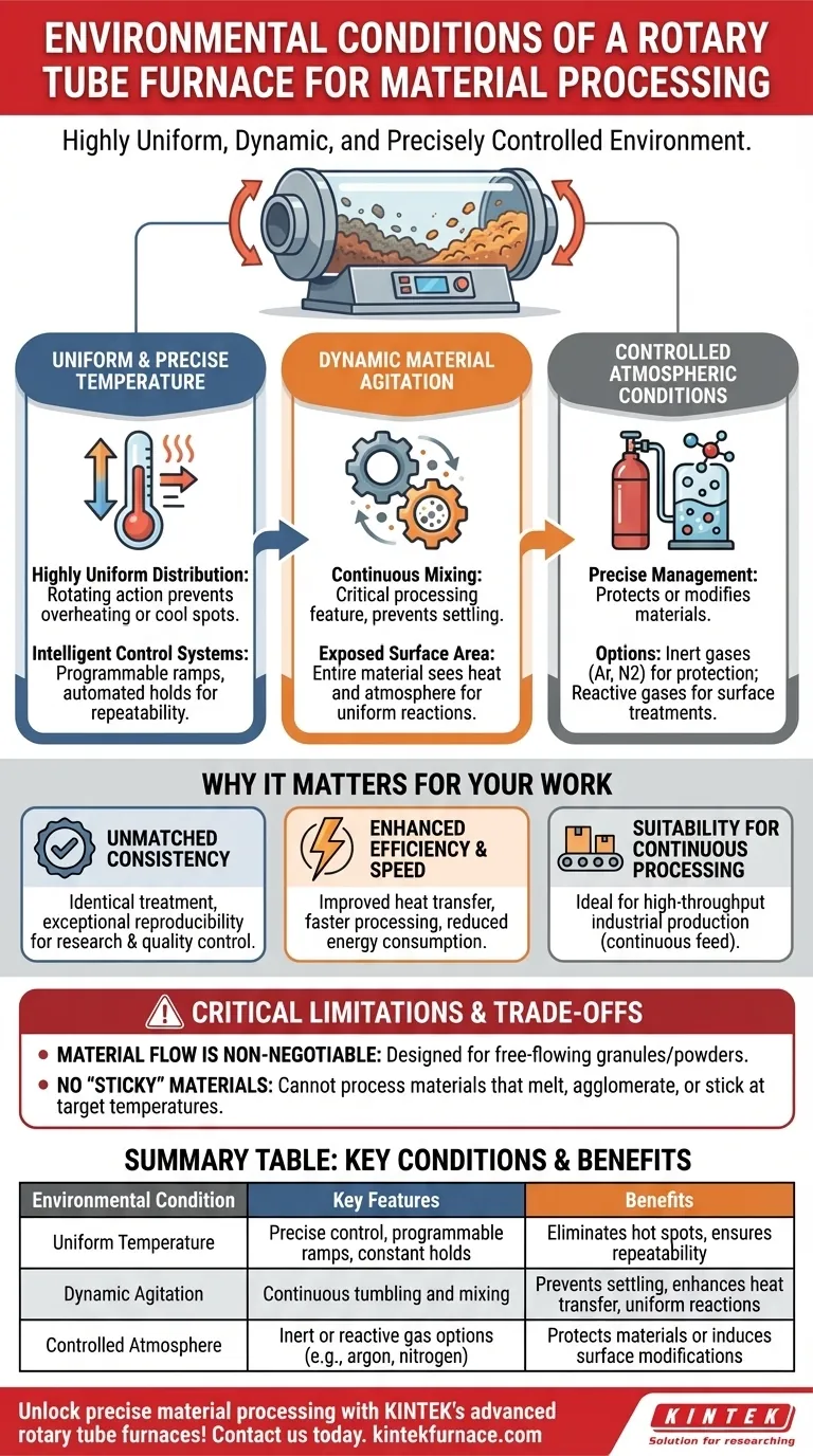 Welche Umgebungsbedingungen bietet ein Drehrohofen für die Materialverarbeitung? Erreichen Sie gleichmäßige Wärme- und Atmosphärenkontrolle Visuelle Anleitung