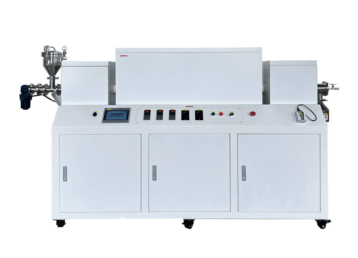 Detail of the front of a vacuum-sealed continuously operating rotary tube furnace