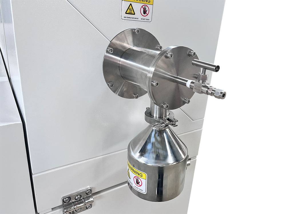 Vacuum sealed continuous working rotary tube furnace close up detail 1